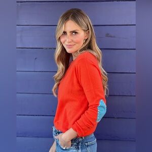 Kerri Rosenthal Orange Cashmere Sweater w/ Blue Heart Patches